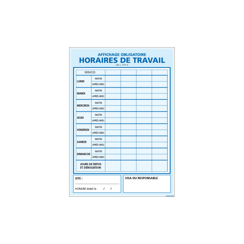 Panneau HORAIRE DE TRAVAIL (A0330)