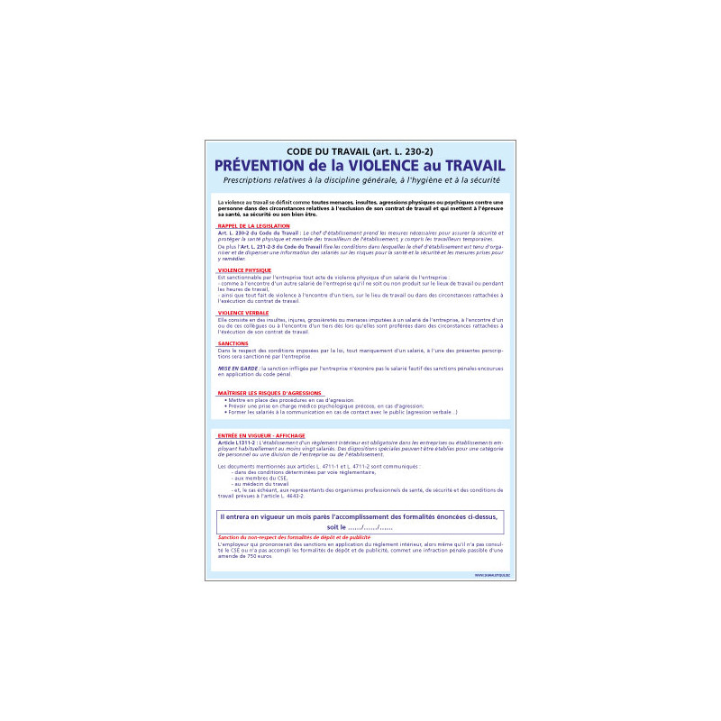 PANNEAU PREVENTION DE LA VIOLENCE AU TRAVAIL (A0349) PANNEAU PREVENTION DE LA VIOLENCE AU TRAVAIL (A0349)