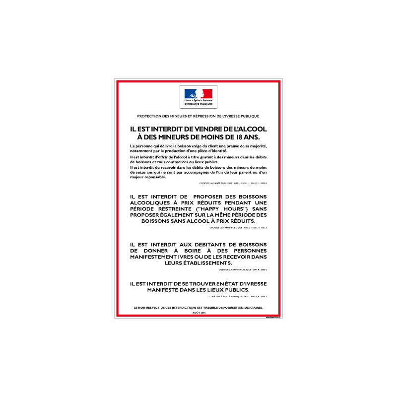 Affichage obligatoire Interdiction de vente d’alcool aux mineurs