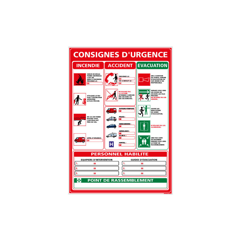 Panneau CONSIGNES GENERALES EN CAS D'URGENCE (A0308)