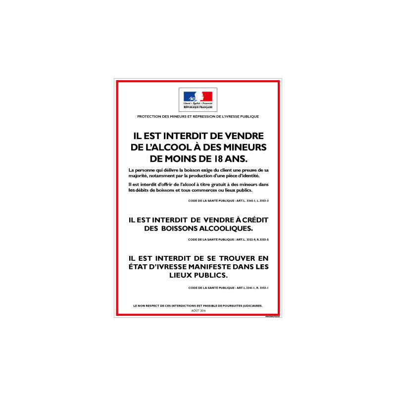 INTERDICTION VENTE ALCOOL AUX MINEURS (POUR DEBITS DE BOISSON A EMPORTER) (A0613)