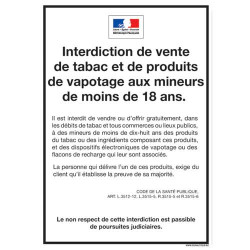 INTERDICTION VENTE TABAC ET PRODUITS DE VAPOTAGE AUX MINEURS (A0625)