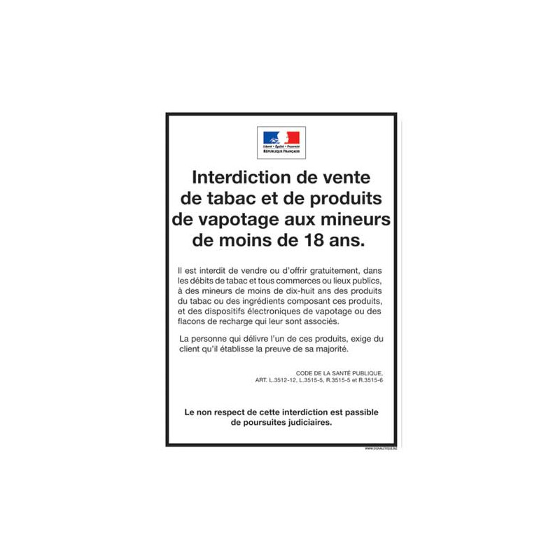 INTERDICTION VENTE TABAC ET PRODUITS DE VAPOTAGE AUX MINEURS (A0625)