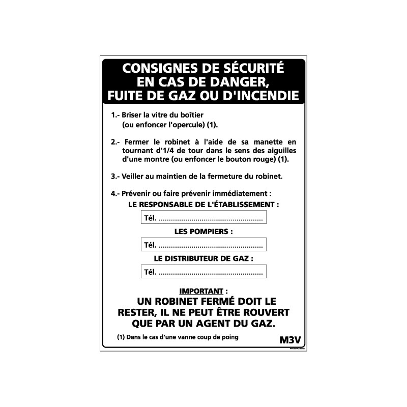 Panneau CONSIGNE EN CAS DE FUITE DE GAZ (A0321)