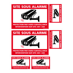 Lot 6 autocollants Site Sous Alarme Protection par vidéosurveillance, Intervention sur site 24h/24