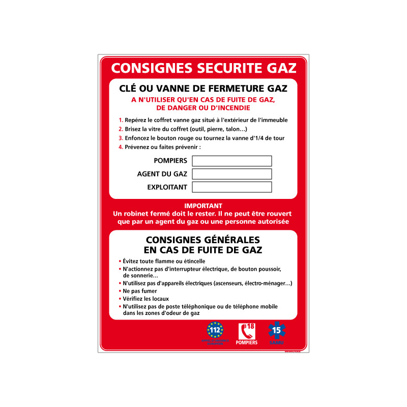 Panneau CONSIGNE DE SECURITE GAZ (A0335)