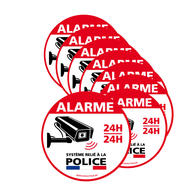 Lot de 8 autocollants Alarme Ronds - Système relié à la police/gendarmerie  - 24h/24h