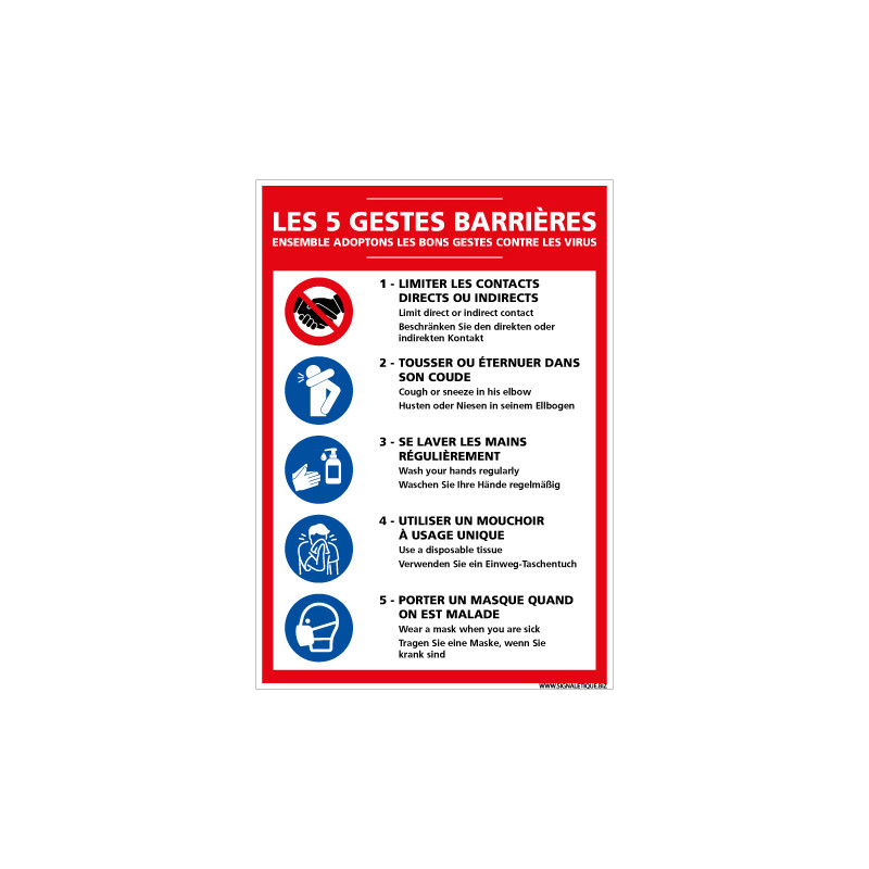 PANNEAU DES 5 GESTES BARRIERES CONTRE LE CORONAVIRUS (E0710) PANNEAU DES 5 GESTES BARRIERES CONTRE LE CORONAVIRUS (E0710)