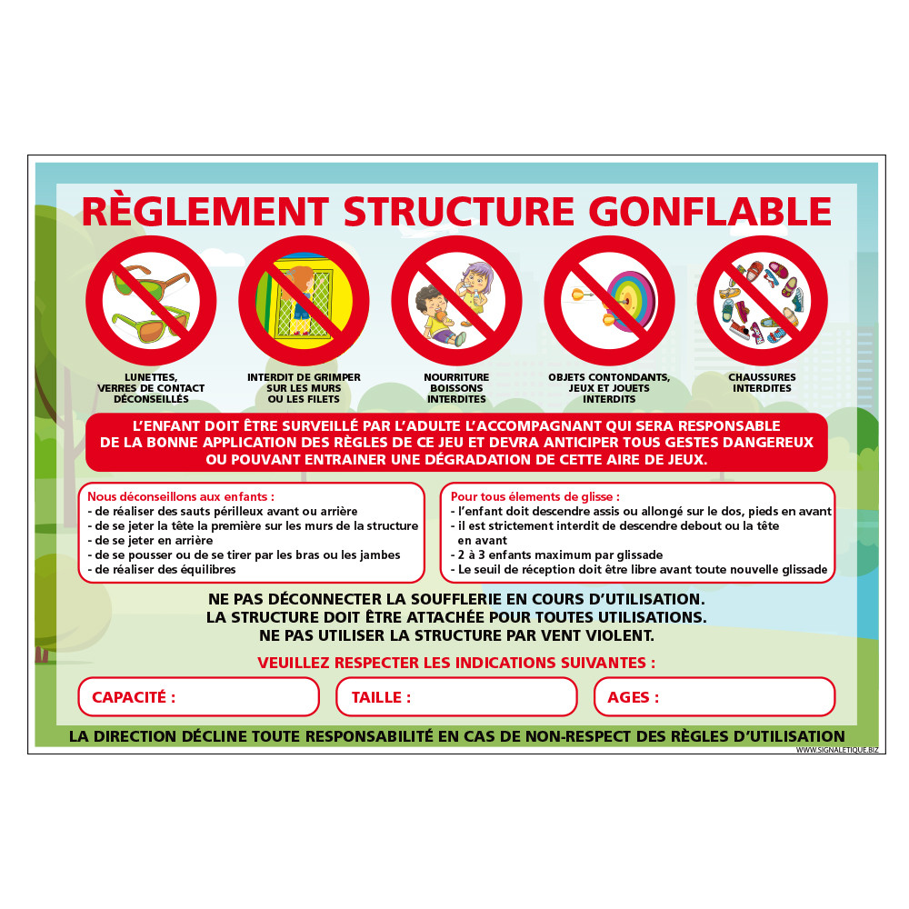 PANNEAU DE REGLEMENTATION DE STRUCTURE GONFLABLE PERSONNALISABLE (H0514-PERSO)