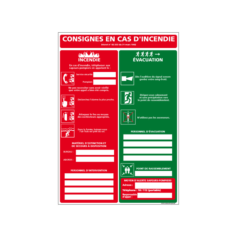 CONSIGNES EN CAS D'INCENDIE - EVACUATION (A0511)