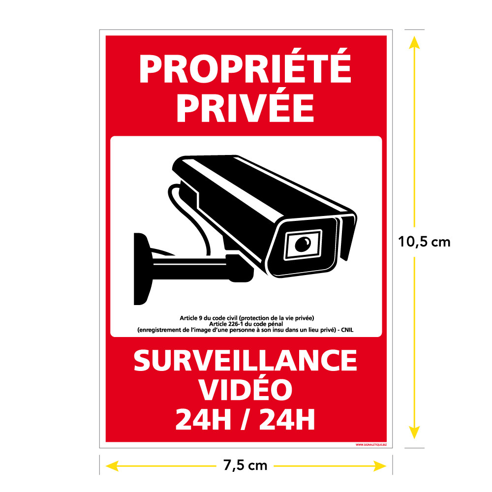 AUA SIGNALETIQUE - Panneau PROPRIÉTÉ PRIVÉE sous vidéo surveillance 24h/24-150x105 mm, Aluminium
