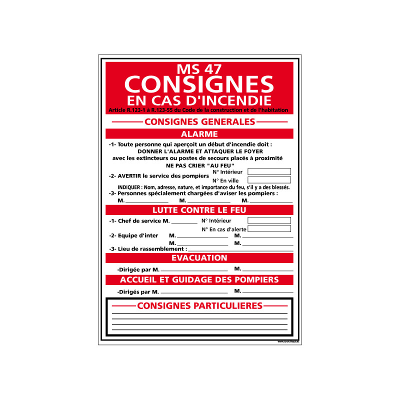 Panneau CONSIGNES EN CAS D'INCENDIE (A0572)