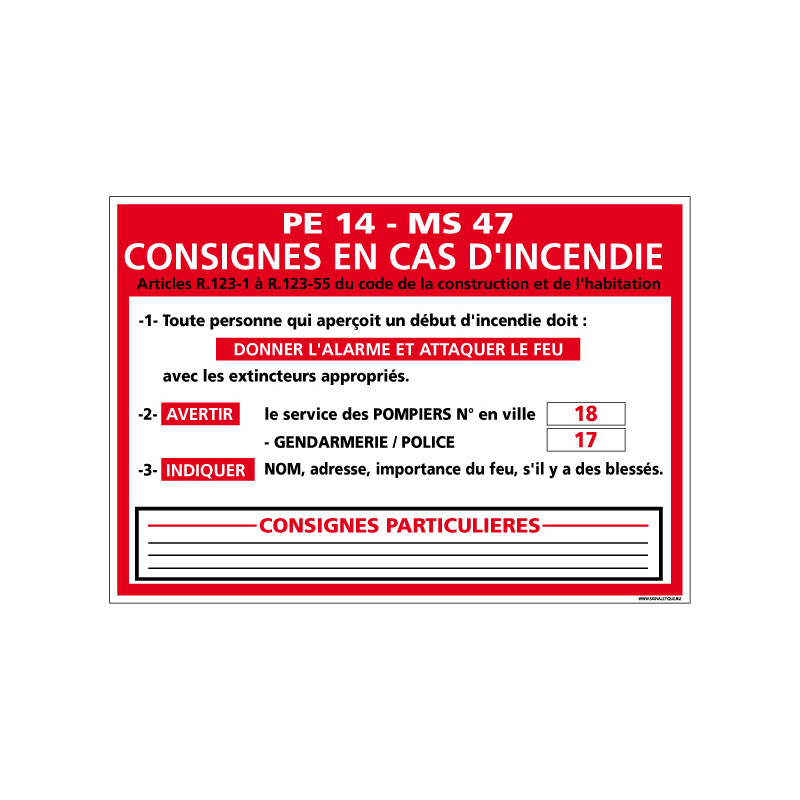 Panneau CONSIGNES EN CAS D'INCENDIE (A0574)