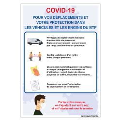 PANNEAU PREVENTIF COVID19 SUR LES DEPLACEMENTS ET LA PROTECTION DANS LES VEHICULES ET LES ENGINS DE BTP PENDANT LE CONFINEMENT D