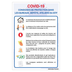 PANNEAU INFORMATIF COVID-19 SUR LES CONSIGNES DE PROTECTION A RESPECTER †DANS LES BUREAUX, DEPOTS ET ATELIERS DU BTP (G1553)