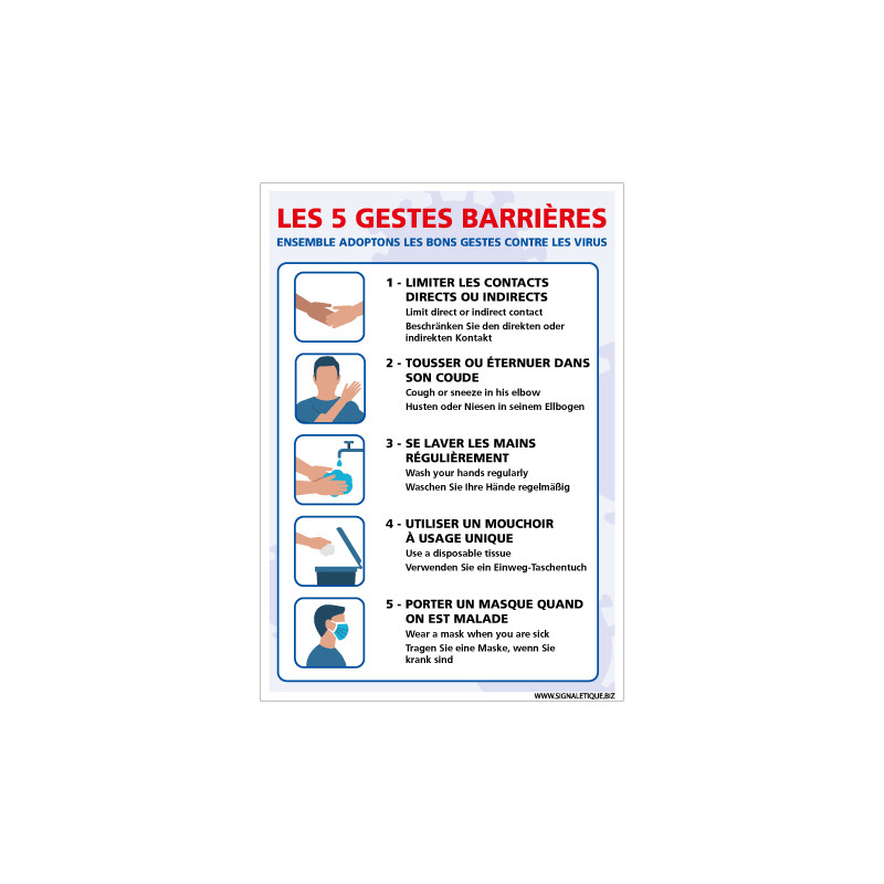 PANNEAU DE PREVENTION CORONAVIRUS - LES GESTES BARRIERES A ADOPTER POUR LUTTER CONTRE LE VIRUS COVID-19 (G1559)