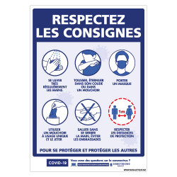 PANNEAU PREVENTIF CORONAVIRUS - RESPECTEZ LES CONSIGNES POUR VOUS PROTEGER ET PROTEGER LES AUTRES DU COVID19 (G1567)