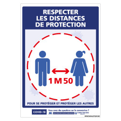 PANNEAU PREVENTION CORONAVIRUS - GESTES BARRIERES - RESPECTER LES DISTANCES DE PROTECTION DE 1M50 (G1573)