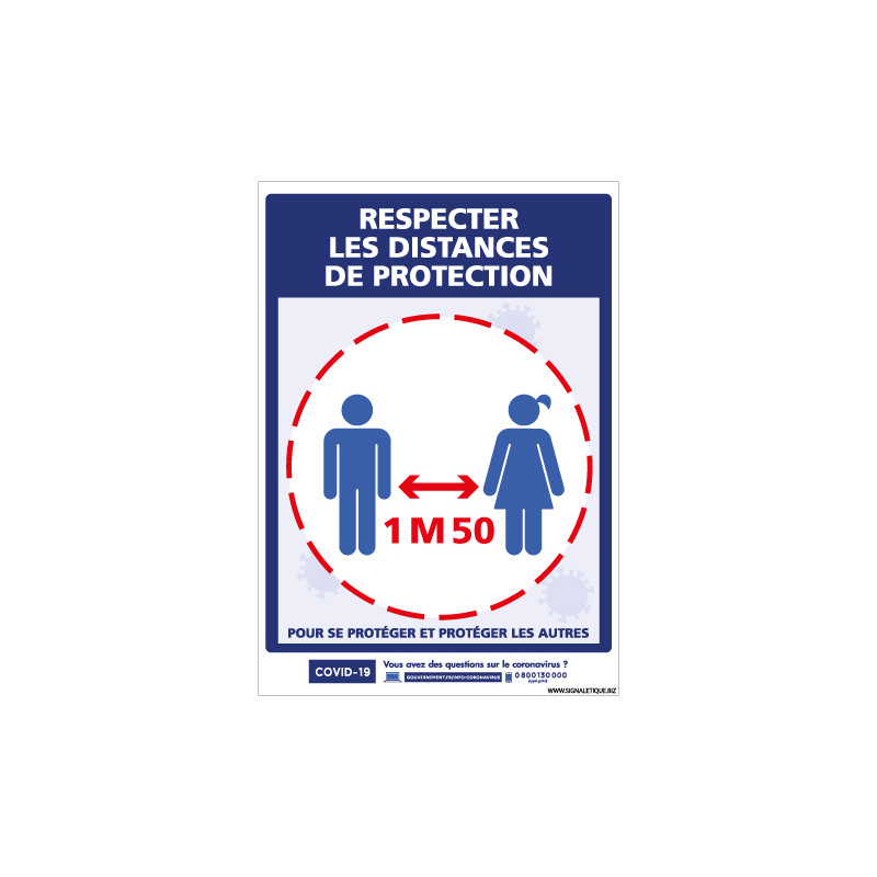 PANNEAU PREVENTION CORONAVIRUS - GESTES BARRIERES - RESPECTER LES DISTANCES DE PROTECTION DE 1M50 (G1573)
