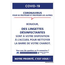 PANNEAU SIGNALETIQUE ENTREPRISE INFORMATIF CORONAVIRUS - MISE EN PLACE DE LINGETTES DESINFECTANTES A VOTRE DISPOSITION (G1588)