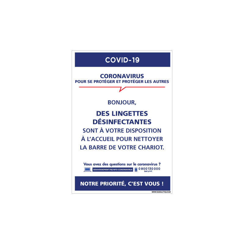 PANNEAU SIGNALETIQUE ENTREPRISE INFORMATIF CORONAVIRUS - MISE EN PLACE DE LINGETTES DESINFECTANTES A VOTRE DISPOSITION (G1588)