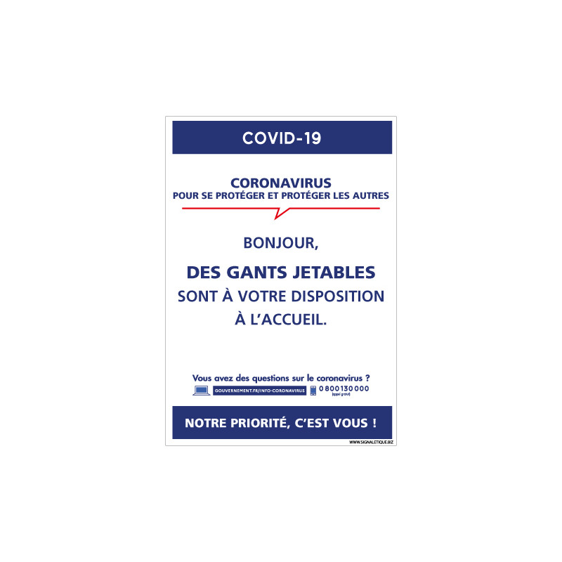 PANNEAU INFORMATIF CORONAVIRUS - GANTS A VOTRE DISPOSITION A L'ACCUEIL (G1589)