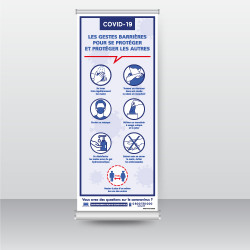 ROLL UP DE SIGNALISATION SPECIAL CORONAVIRUS - LES GESTES BARRIERES - DISTANCES DE SECURITE DE 1M - DIMENSIONS 800 X 1200 MM - P