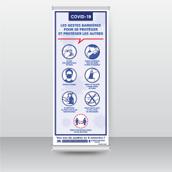 ROLL UP DE SIGNALISATION SPECIAL CORONAVIRUS - LES GESTES BARRIERES - DISTANCES DE SECURITE DE 2M - DIMENSIONS 800 X 1200 MM - P