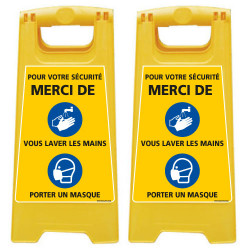 LOT DE 2 CHEVALET DE SIGNALISATION SPECIAL CORONAVIRUS - POUR VOTRE SECURITE MERCI DE VOUS LAVER LES MAINS ET DE PORTER UN MASQU