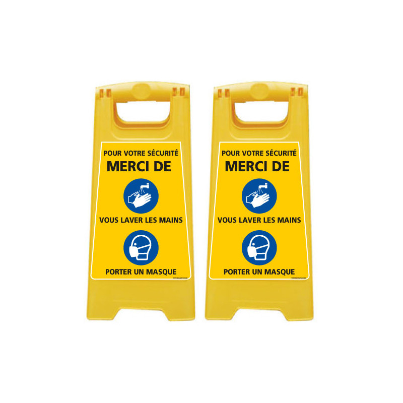 LOT DE 2 CHEVALET DE SIGNALISATION SPECIAL CORONAVIRUS - POUR VOTRE SECURITE MERCI DE VOUS LAVER LES MAINS ET DE PORTER UN MASQU