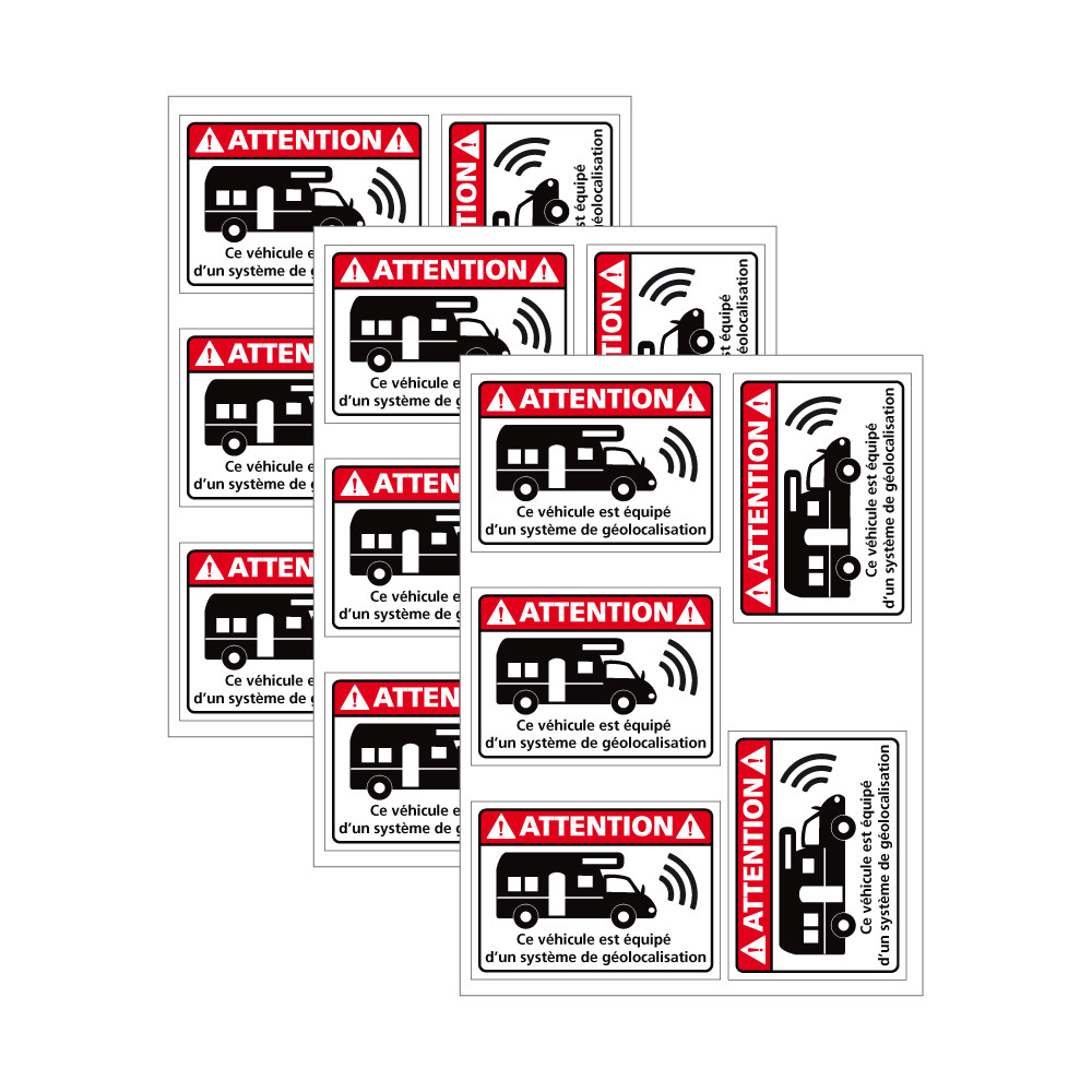 3 PLANCHES DE 5 ADHESIFS CAMPING CAR EQUIPE D'UN SYSTEME DE GEOLOCALISATION  (G1441_PL5X3)