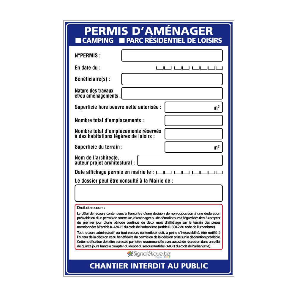 Panneau Permis d’ Aménager Camping et Parc Résidentiel Panneau Permis d’ Aménager Camping et Parc Résidentiel
