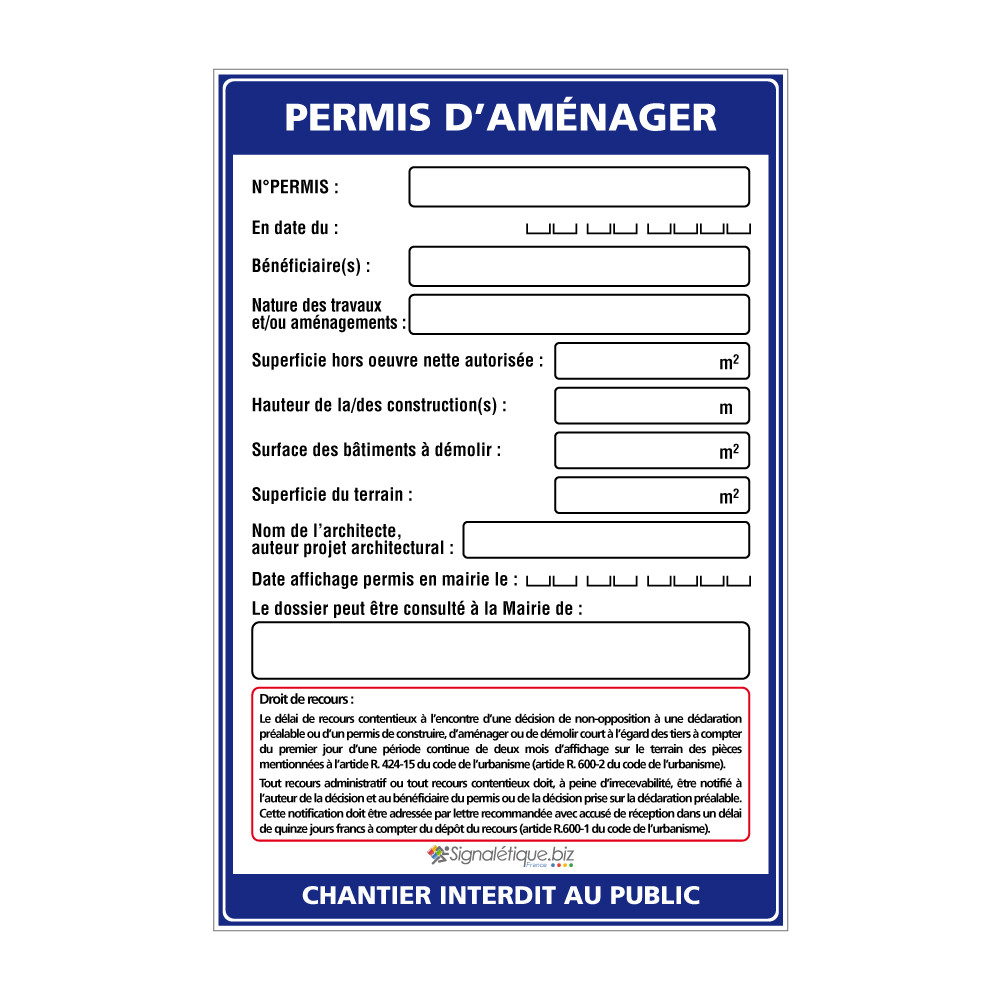 Pancarte Permis d'aménager Pancarte Permis d'aménager