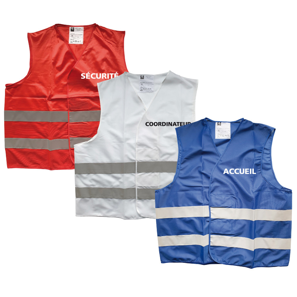 GILET DE SECURITE PERSONNALISABLE COULEUR BLEU, ROUGE OU BLANC (W1325M)