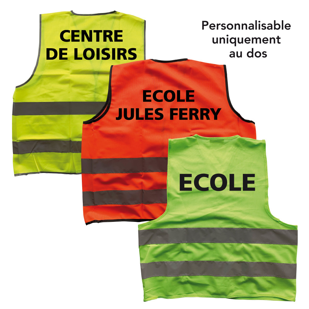 Gilet de sécurité pour enfants dos jaune, orange ou vert personnalisable