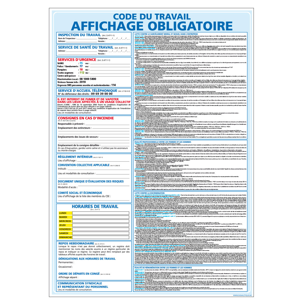 Panneaux AFFICHAGE OBLIGATOIRE Code du travail (A0324)