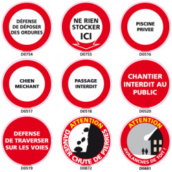 Panneau d'INTERDICTION (Ne rien stocker, piscine, chantier interdit)