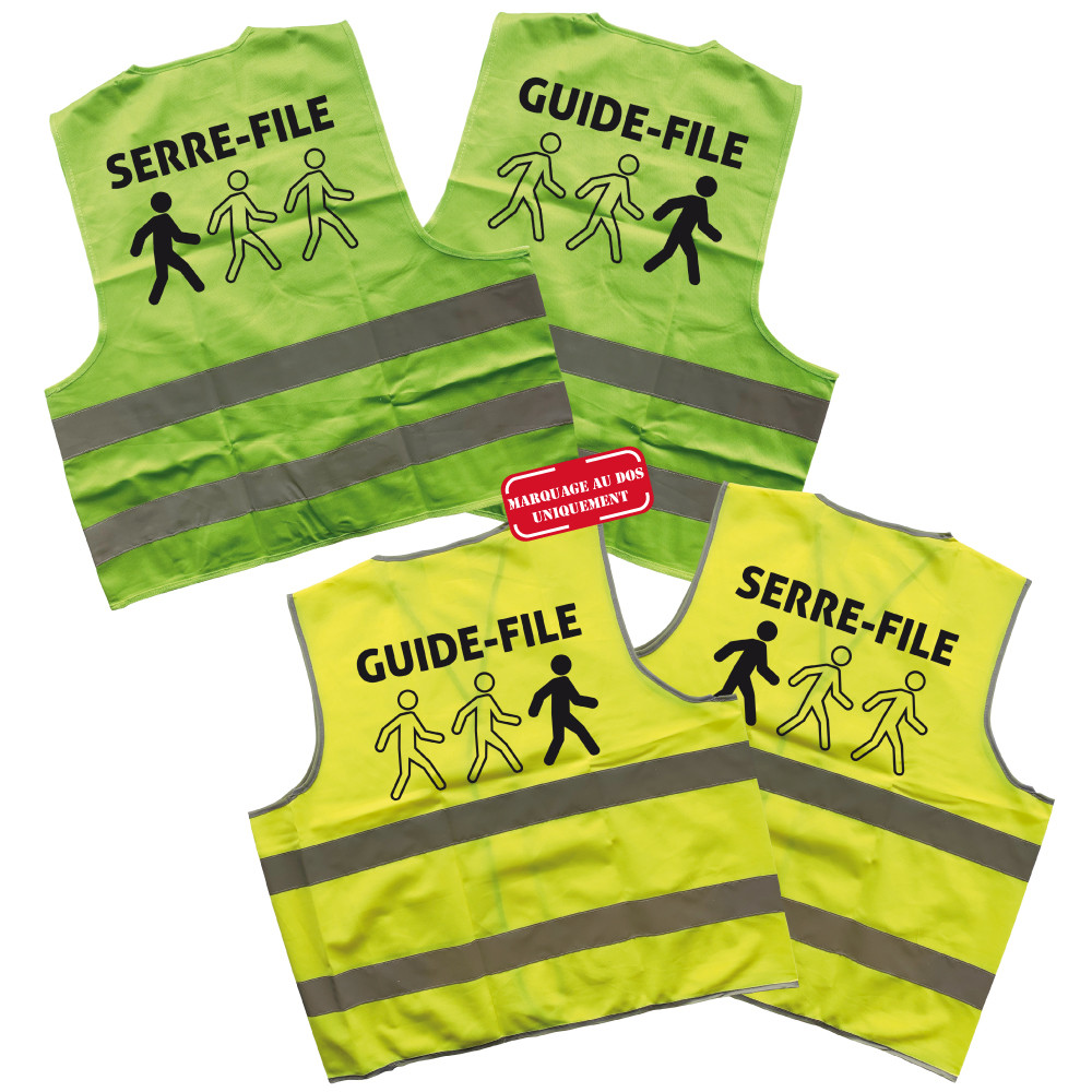 Lot de gilets de signalisation Serre-file et Guide-file jaune ou vert marquage au dos