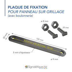 Plaque de fixation pour panneau sur grillage avec boulonnerie