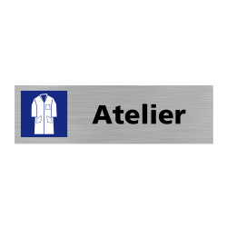 Pictogramme ATELIER (Q0231). Signalisation Porte - 170 X 50 mm - Autocollant  souple ou plaque alu brossé 2mm.