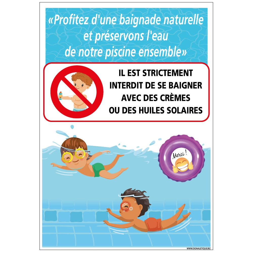 Panneau piscine baignade naturelle interdiction crème solaire