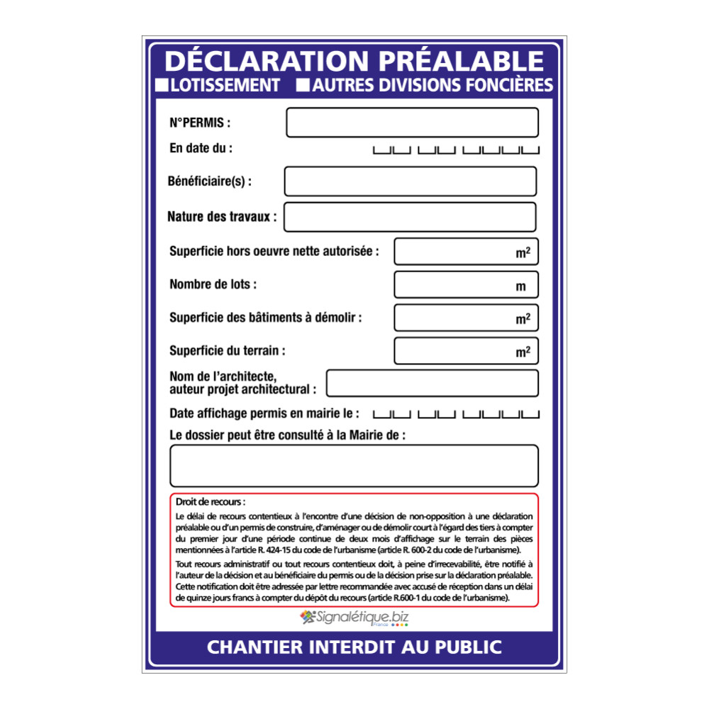 Panneau déclaration lotissement autres divisions Panneau déclaration lotissement autres divisions