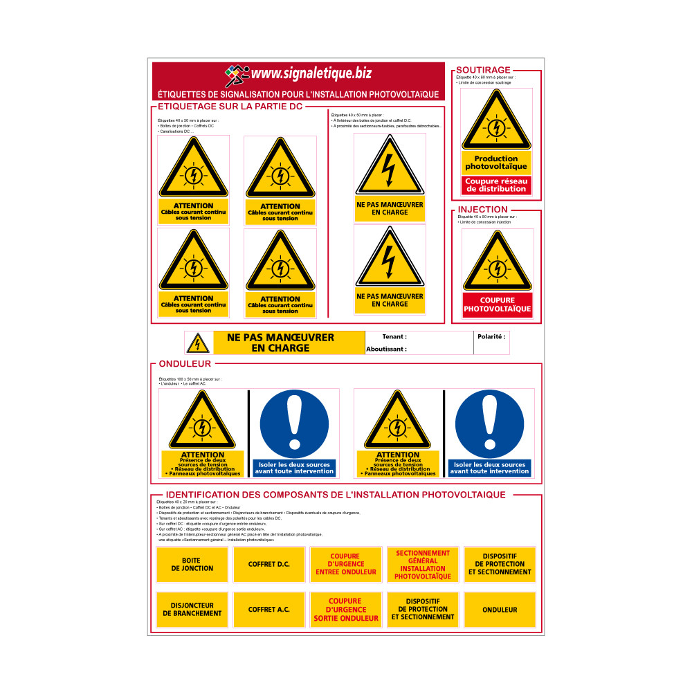 KIT 21 ETIQUETTES PHOTOVOLTAIQUES. Signalisation Photovoltaïque