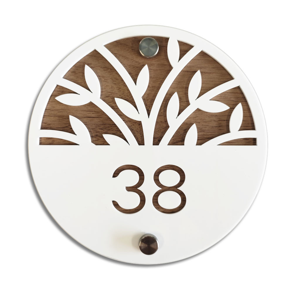 Plaque numéro de maison ronde à personnaliser en bois et plexigglass blanc Plaque numéro de maison ronde à personnaliser en bois et plexigglass blanc