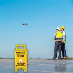 Chevalet de signalisation jaune attention intervention de drone en cours