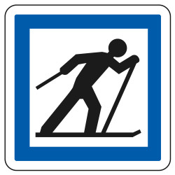 Panneau d'indication des services Point de départ d'un circuit de ski de fond CE6b Signalisation Carré Fond blanc Bordure bleu