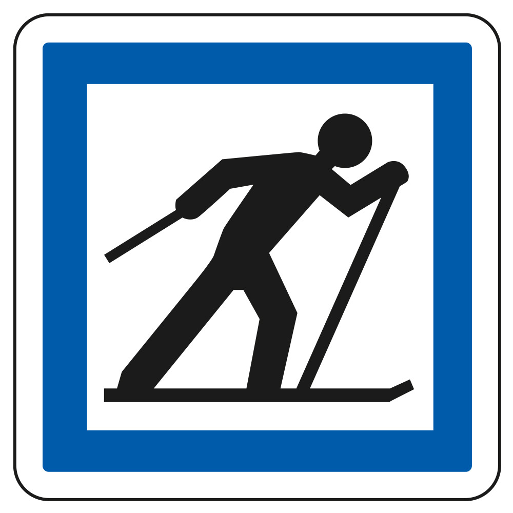 Panneau d'indication des services Point de départ d'un circuit de ski de fond CE6b Signalisation Carré Fond blanc Bordure bleu