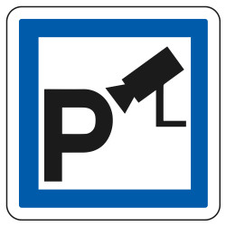 Panneau d'indication des services Parc de stationnement sous vidéosurveillance CE9 Signalisation Carré Fond blanc Bordure bleu