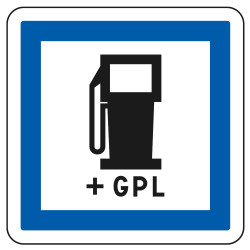 Panneau d'indication des services Poste de distribution de carburant et GPL CE15c Signalisation Carré Fond blanc Bordure bleu