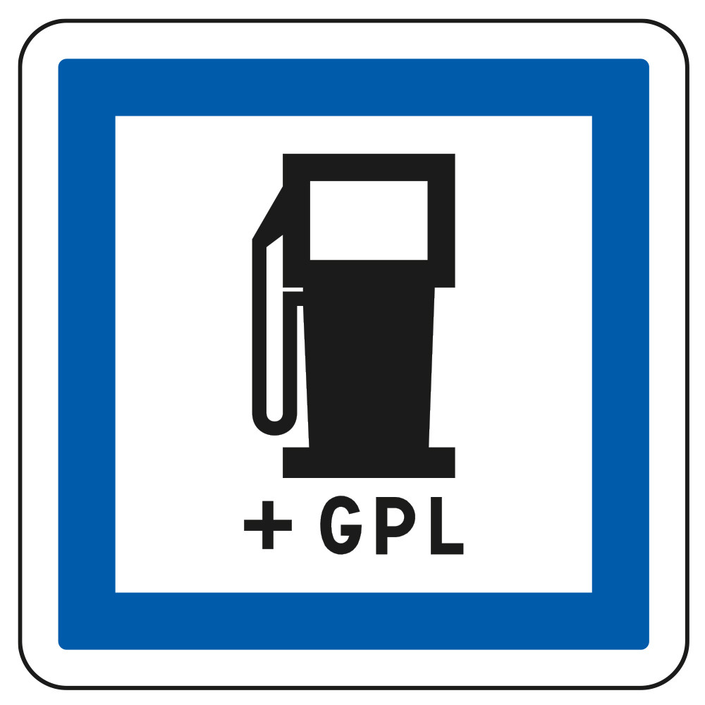 Panneau d'indication des services Poste de distribution de carburant et GPL CE15c Signalisation Carré Fond blanc Bordure bleu